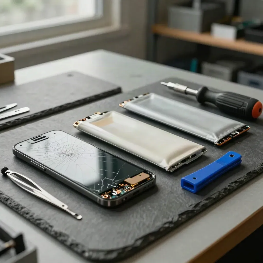 Kit premium de reparación de móvil con pantalla rota, batería, puerto y herramientas sobre pizarra.