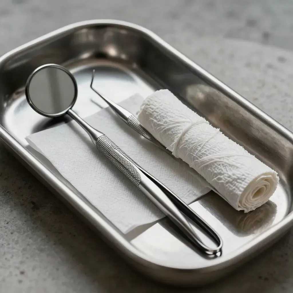 Bandeja dental de acero con espejo, sonda, pinza fina y gasas sobre piedra clara.