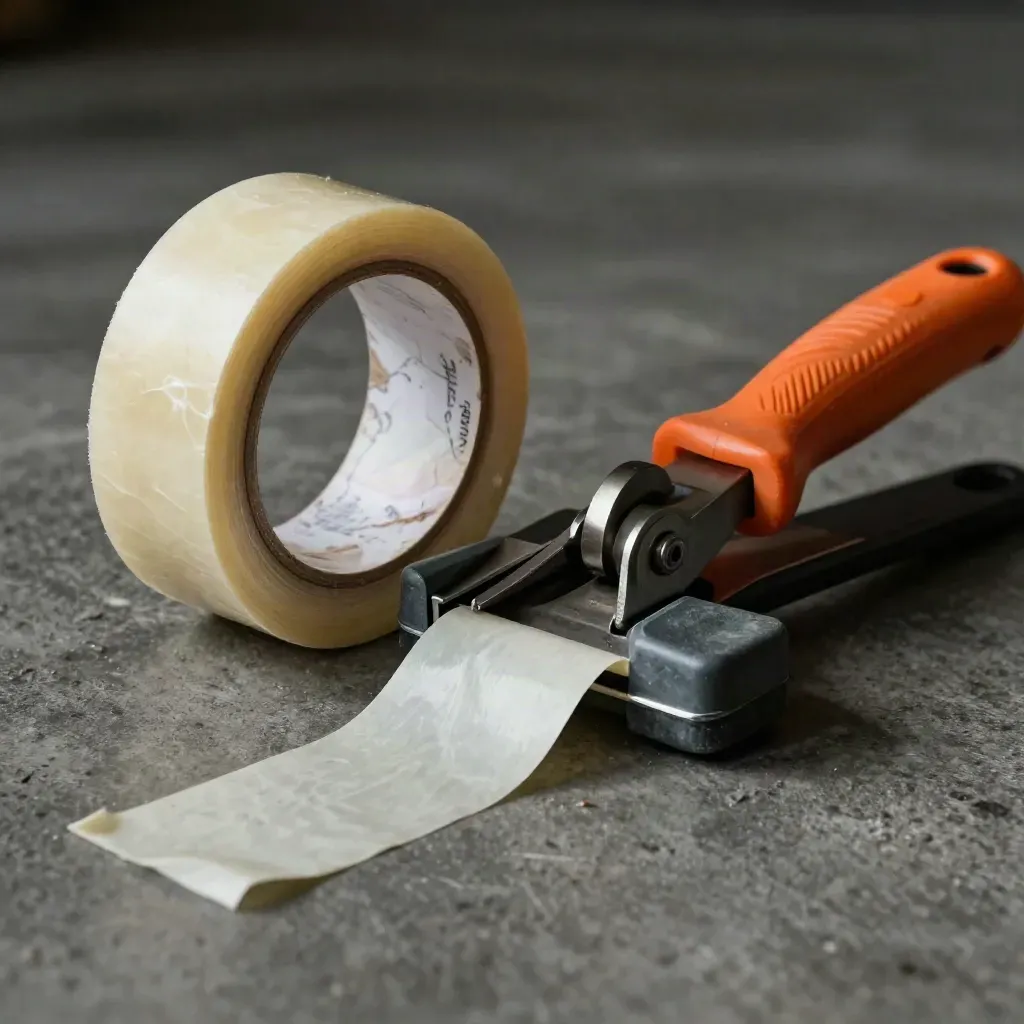 Kit logístico con cinta de embalaje, cutter y protector de esquina sobre hormigón oscuro.