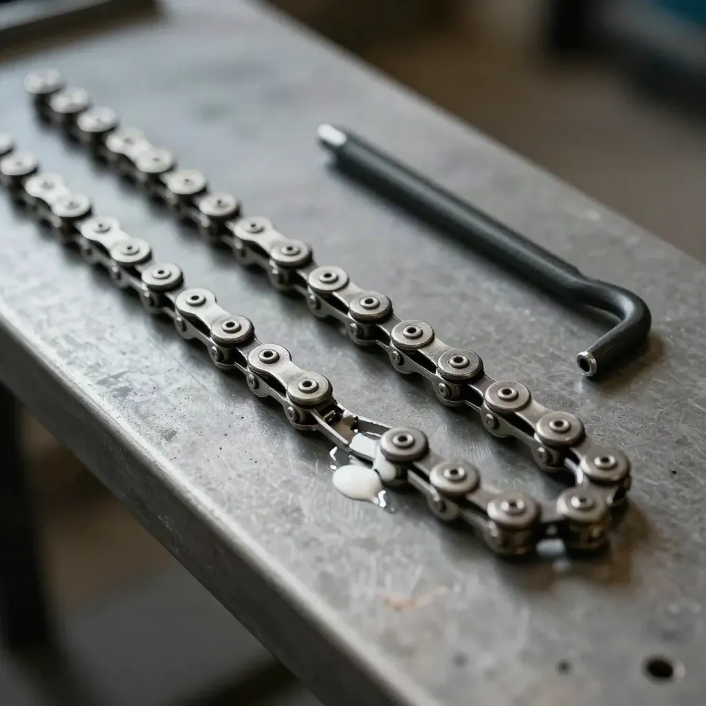 Cadena de bici, llave allen y eslabón rápido con grasa técnica sobre aluminio cepillado.