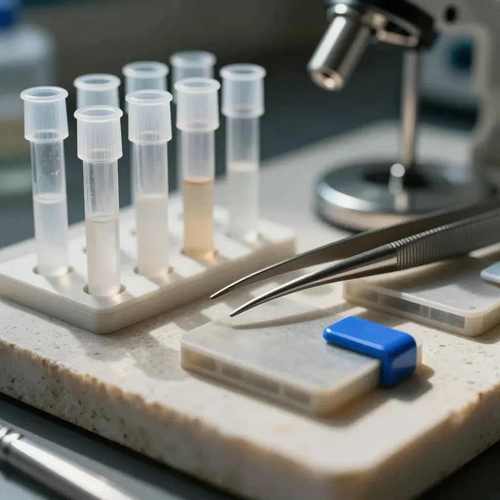 Muestra de laboratorio con microtubos, pinzas y soporte metálico sobre piedra clara.