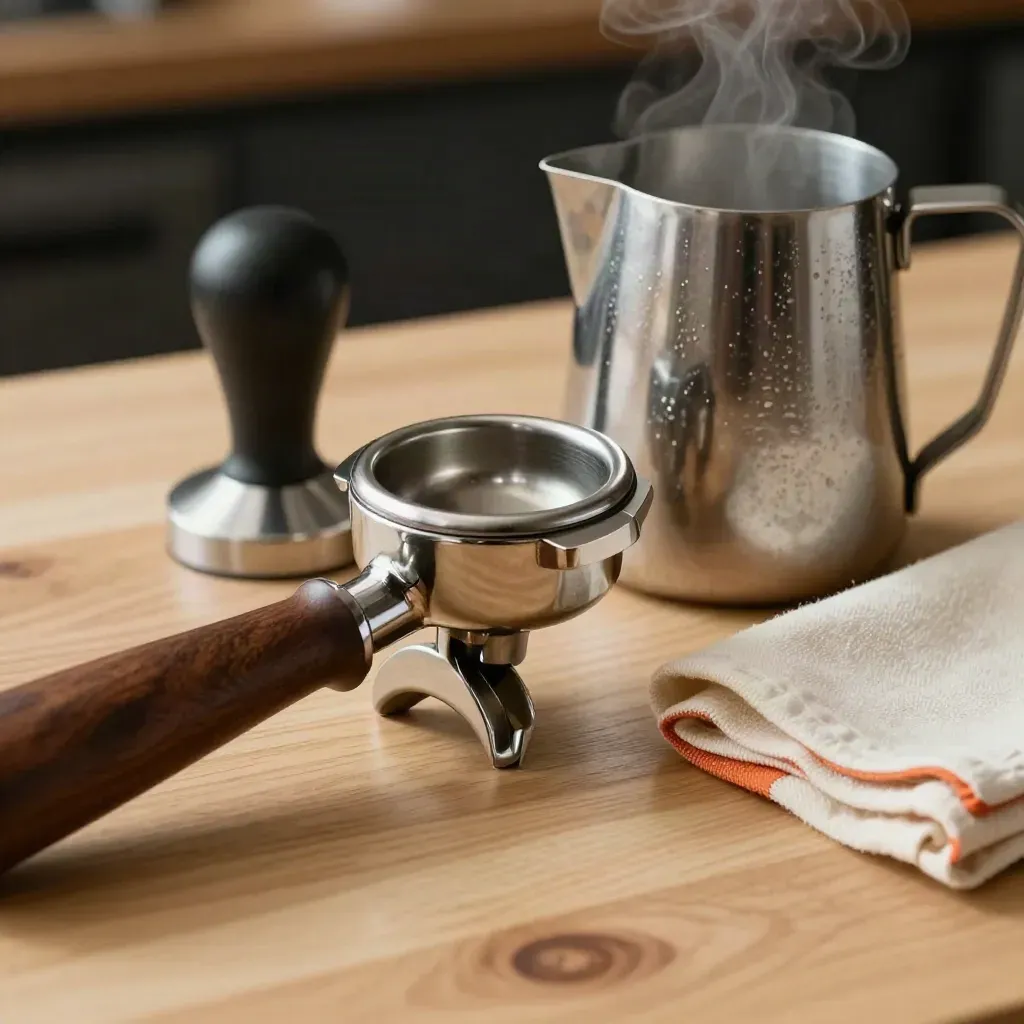 Herramientas de barista sobre madera clara con vapor suave y fondo oscuro.