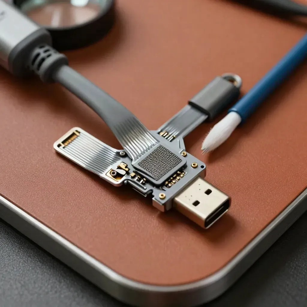 Puerto USB-C, flex gris, rejilla de altavoz y cepillo antiestático sobre terracota.
