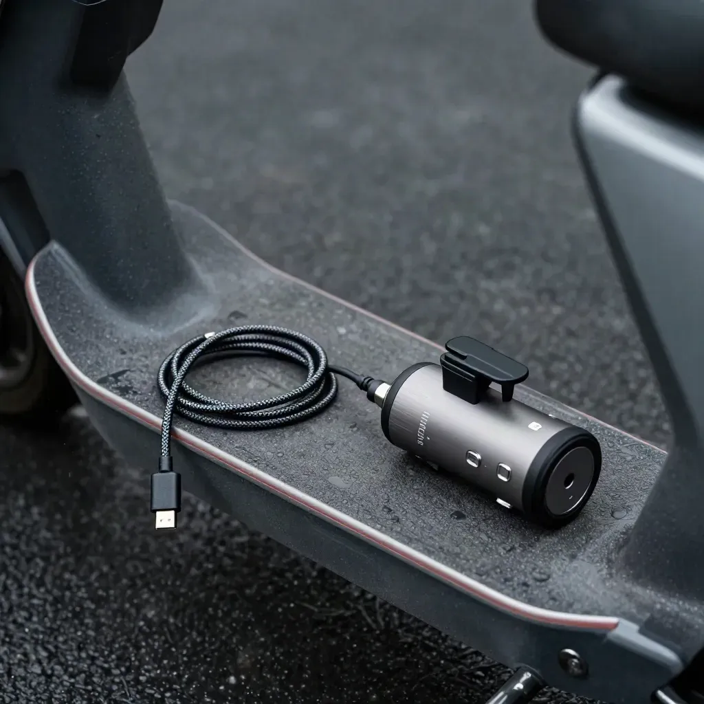 Cargador portátil, cable trenzado y soporte de manillar sobre base de scooter mojada.