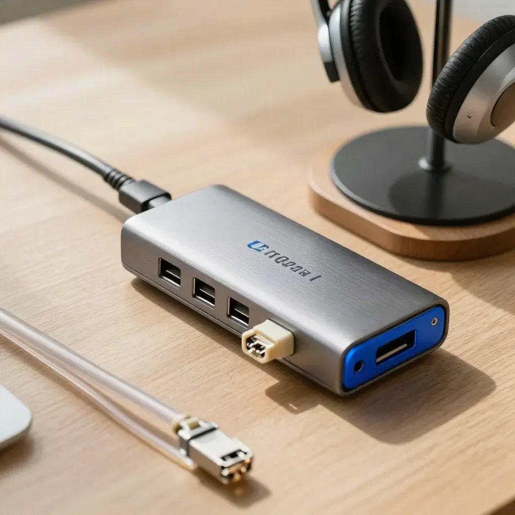 Vista cenital de un dock, cable ethernet, hub USB-C y base de auricular sobre madera clara.
