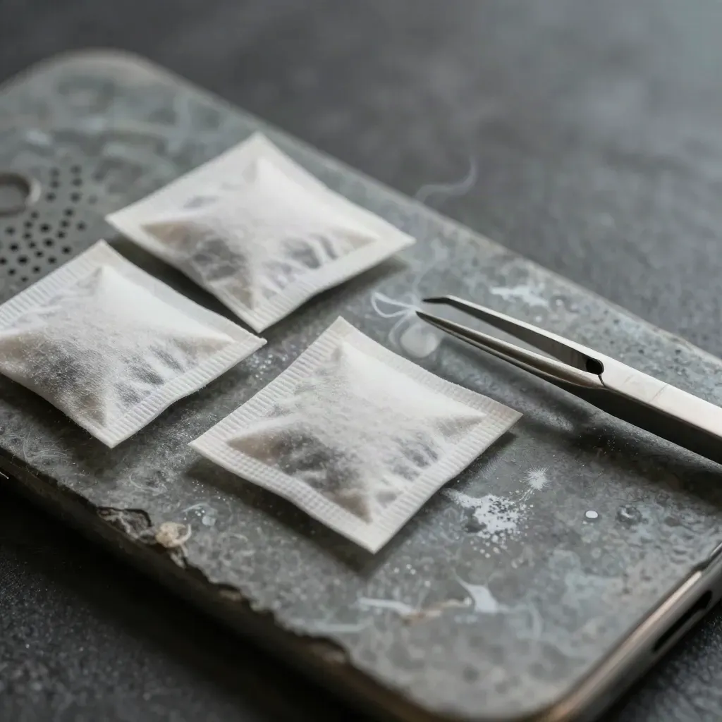 Sobres desecantes, pinzas y bandeja de secado sobre piedra gris con halo tenue.