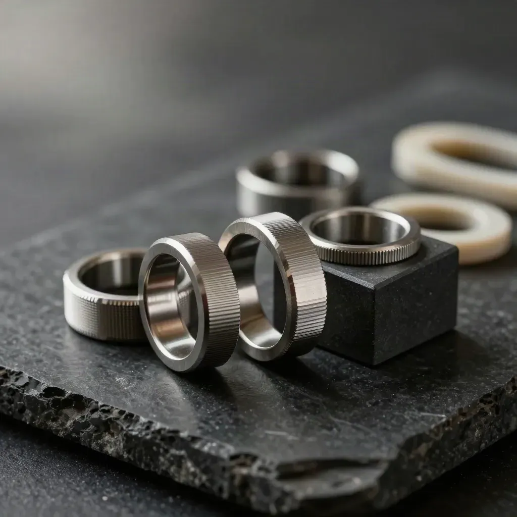 Anillos metálicos y conectores sobre piedra negra con luz dramática y aire técnico.