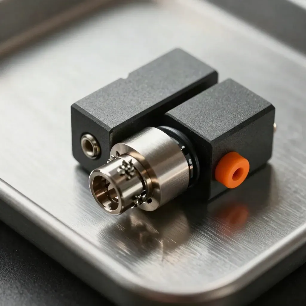 Piezas de reparación móvil encajando sobre metal cepillado con un detalle naranja